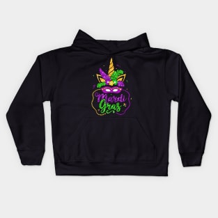 Unicorn Face Mask Happy Mardi Gras 2024 Kids Hoodie